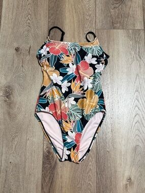 Hurley Black Floral One-Piece Swimsuit with Coral, Mustard and Teal